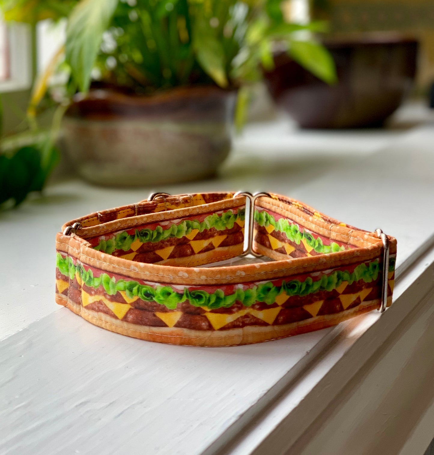 Cheeseburger Dog Collar- Martingale- Quick Release- No Buckle Slide- Leash- Handmade Dog Collars