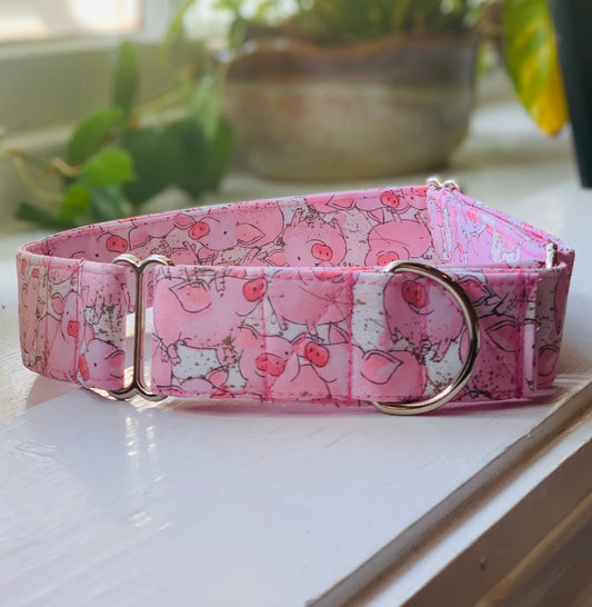 Pigs Dog Collar- Martingale- Quick Release- No Buckle Slide- Leash- Handmade Dog Collars