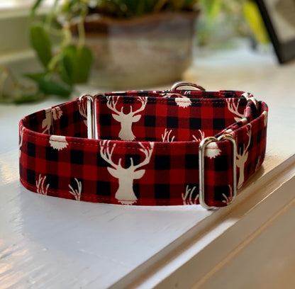 Oh Deer, Buffalo Plaid! Dog Collar- Martingale- Quick Release- No Buckle Slide- Leash- Handmade Dog Collars