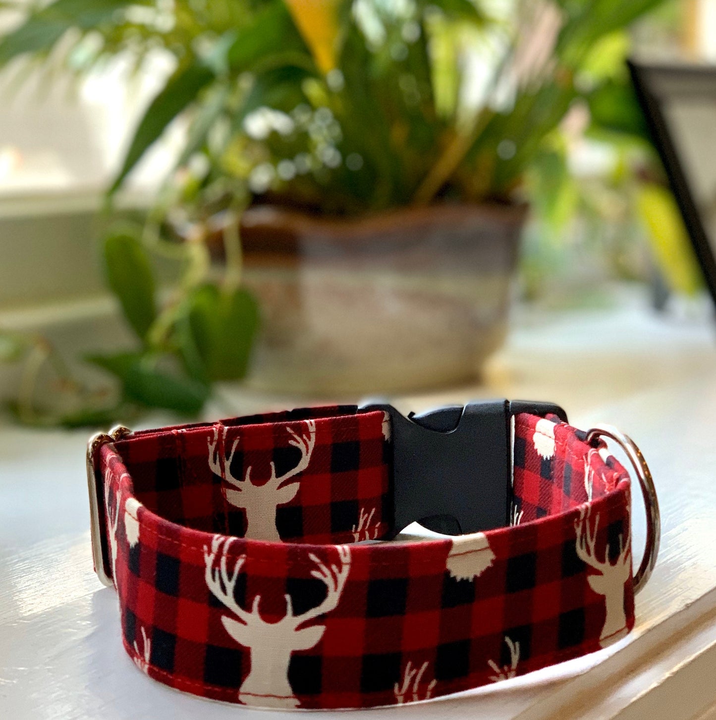 Oh Deer, Buffalo Plaid! Dog Collar- Martingale- Quick Release- No Buckle Slide- Leash- Handmade Dog Collars