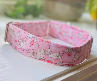 Pigs Dog Collar- Martingale- Quick Release- No Buckle Slide- Leash- Handmade Dog Collars