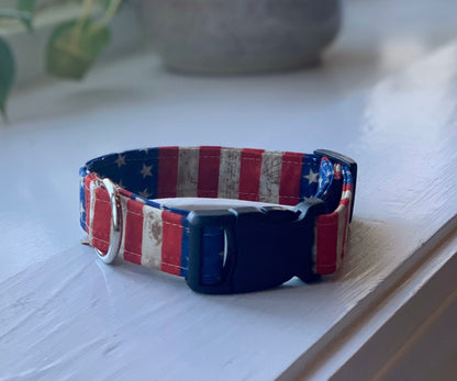 Old Glory Dog Collar- Martingale- Quick Release- No Buckle Slide- Leash- Handmade Dog Collars