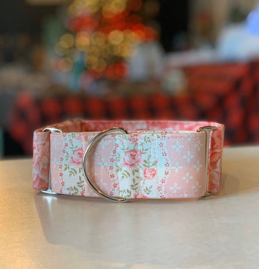 Pink Vintage Dog Collar- Martingale- Quick Release- No Buckle Slide- Leash- Handmade Dog Collars