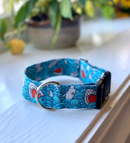 Sharks Dog Collar- Martingale- Quick Release- No Buckle Slide- Leash- Handmade Dog Collars