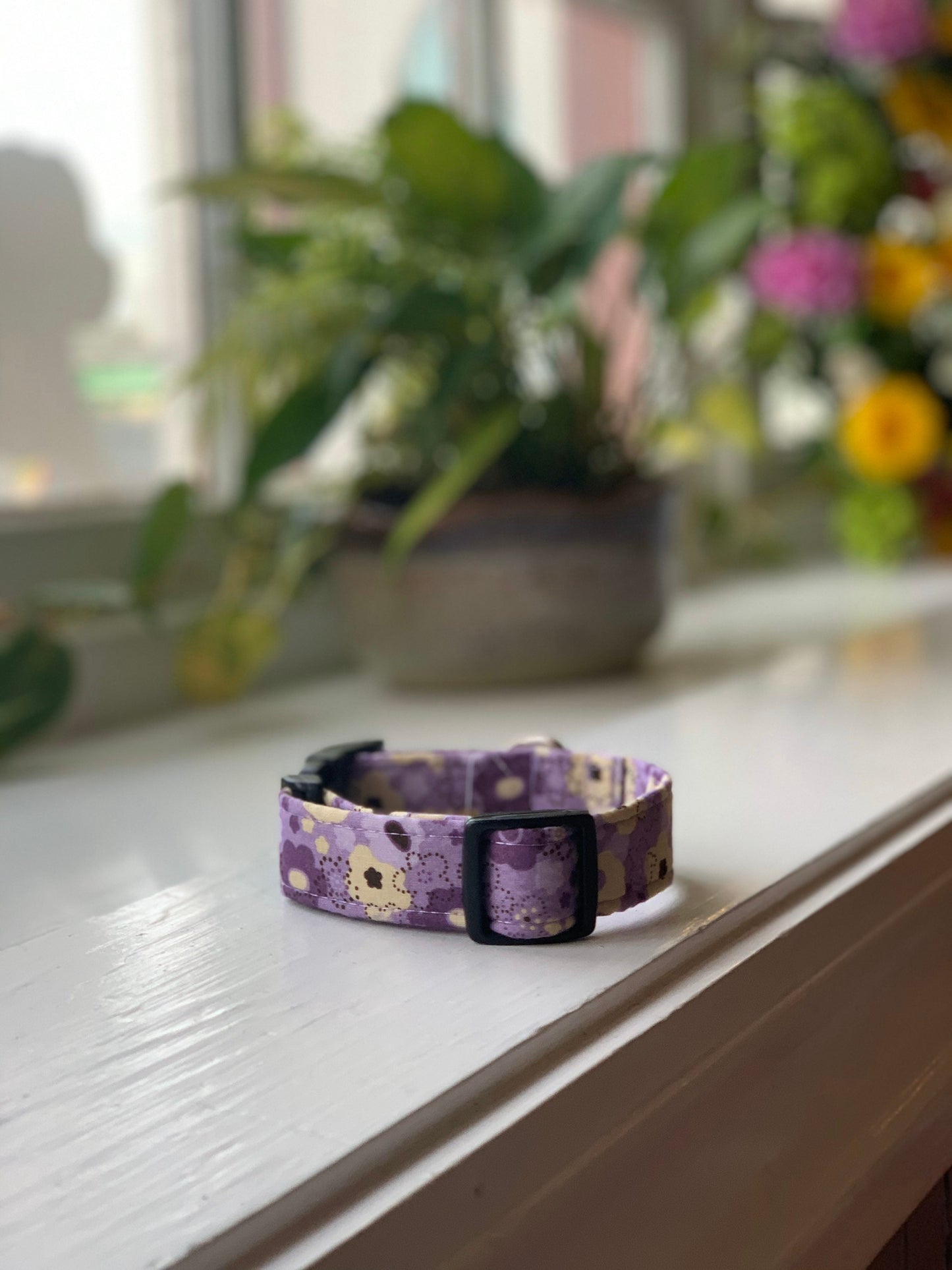 Spring Flowers in Purple Dog Collar- Martingale- Quick Release- No Buckle Slide- Leash- Handmade Dog Collars