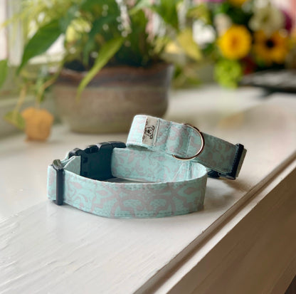 Light Teal and Gray Dog Collar- Martingale- Quick Release- No Buckle Slide- Leash- Handmade Dog Collars