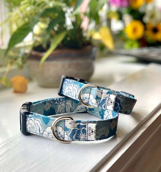 Teal and Grey Floral Dog Collar- Martingale- Quick Release- No Buckle Slide- Leash- Handmade Dog Collars