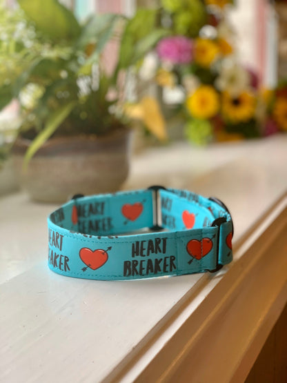 Heart Breaker Dog Collar- Martingale- Quick Release- No Buckle Slide- Leash- Handmade Dog Collars