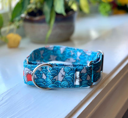 Sharks Dog Collar- Martingale- Quick Release- No Buckle Slide- Leash- Handmade Dog Collars