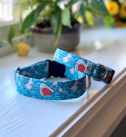 Sharks Dog Collar- Martingale- Quick Release- No Buckle Slide- Leash- Handmade Dog Collars