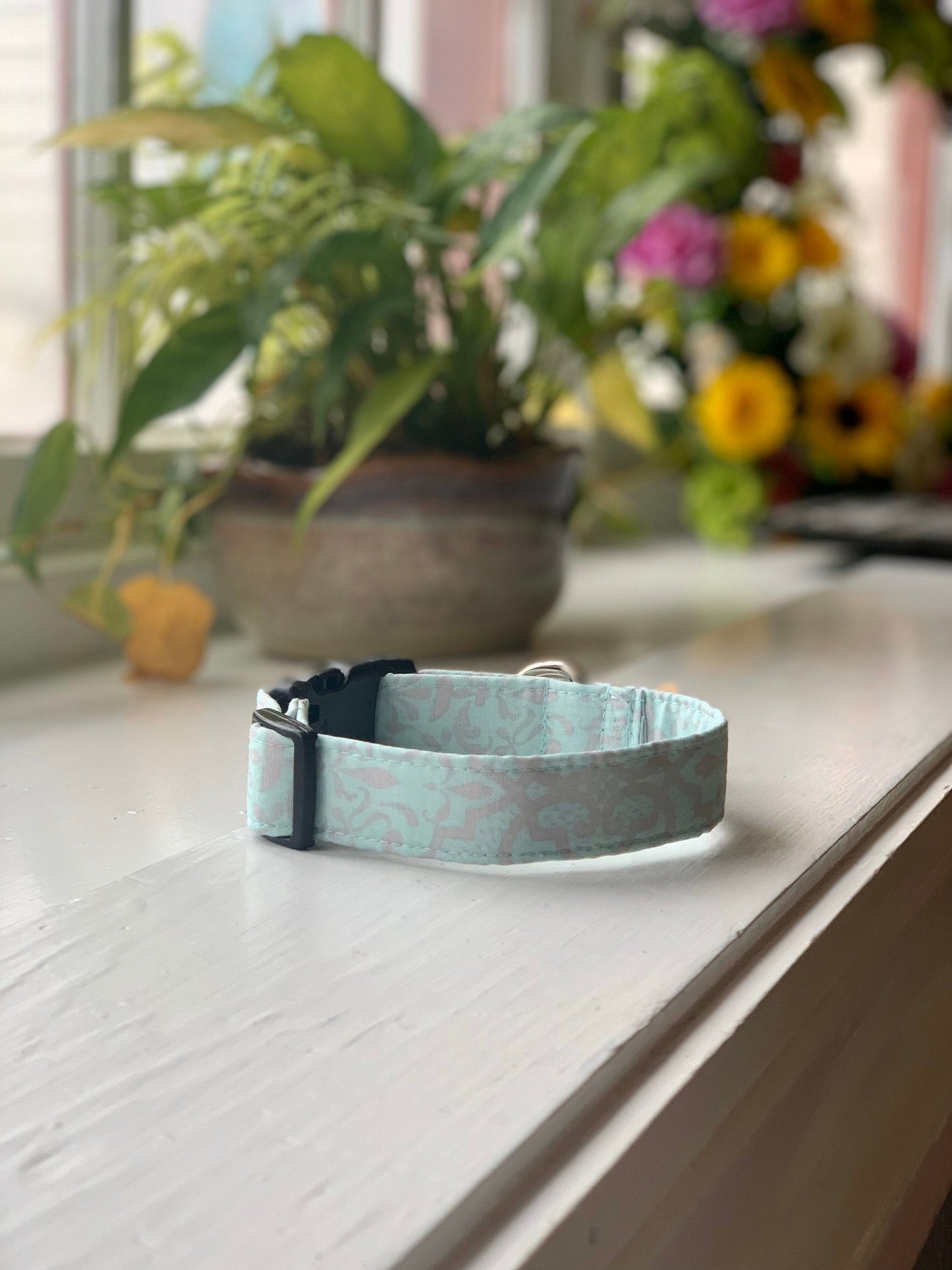 Light Teal and Gray Dog Collar- Martingale- Quick Release- No Buckle Slide- Leash- Handmade Dog Collars