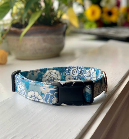 Teal and Grey Floral Dog Collar- Martingale- Quick Release- No Buckle Slide- Leash- Handmade Dog Collars