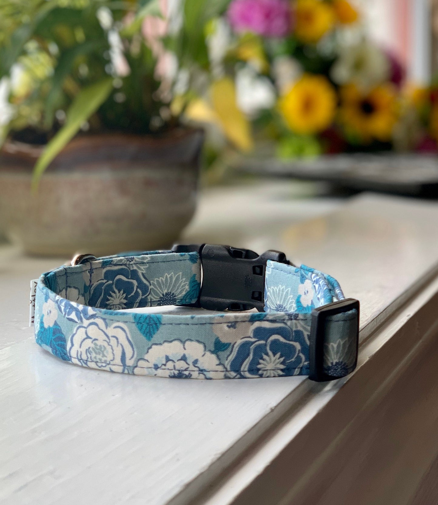 Teal and Grey Floral Dog Collar- Martingale- Quick Release- No Buckle Slide- Leash- Handmade Dog Collars