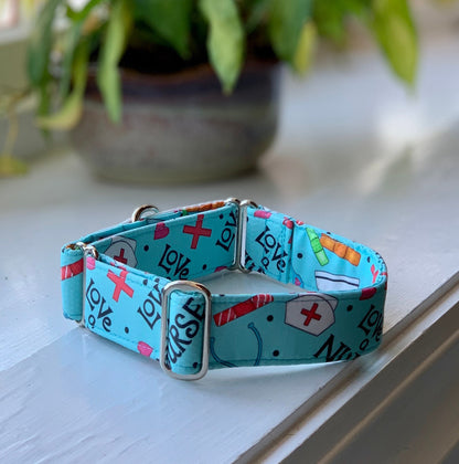 Love A Nurse Dog Collar- Martingale- Quick Release- No Buckle Slide- Leash- Handmade Dog Collars