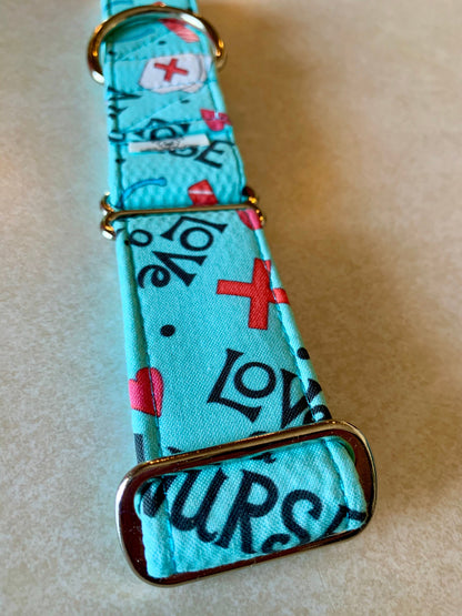 Love A Nurse Dog Collar- Martingale- Quick Release- No Buckle Slide- Leash- Handmade Dog Collars