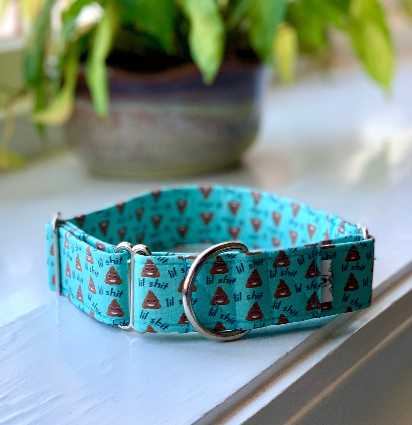 Lil’ Turd- Teal Dog Collar- Martingale- Quick Release- No Buckle Slide- Leash- Handmade Dog Collars