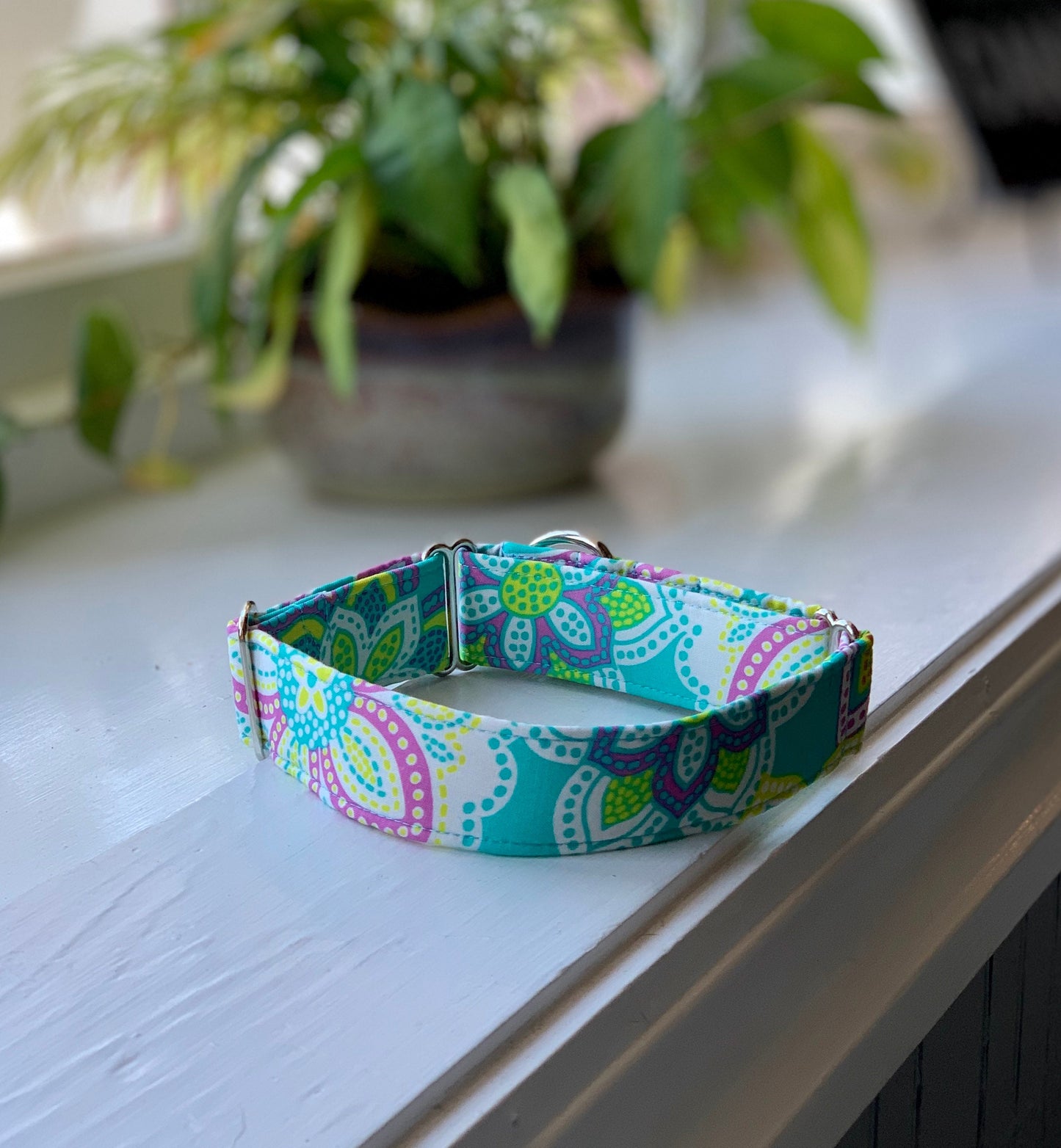 Spring floral in teal and purple Dog Collar- Martingale- Quick Release- No Buckle Slide- Leash- Handmade Dog Collars