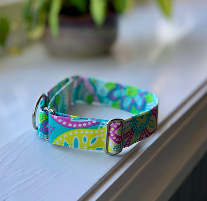 Spring floral in teal and purple Dog Collar- Martingale- Quick Release- No Buckle Slide- Leash- Handmade Dog Collars