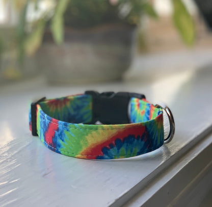 Tie Dye in Primary Colors Dog Collar- Martingale- Quick Release- No Buckle Slide- Leash- Handmade Dog Collars