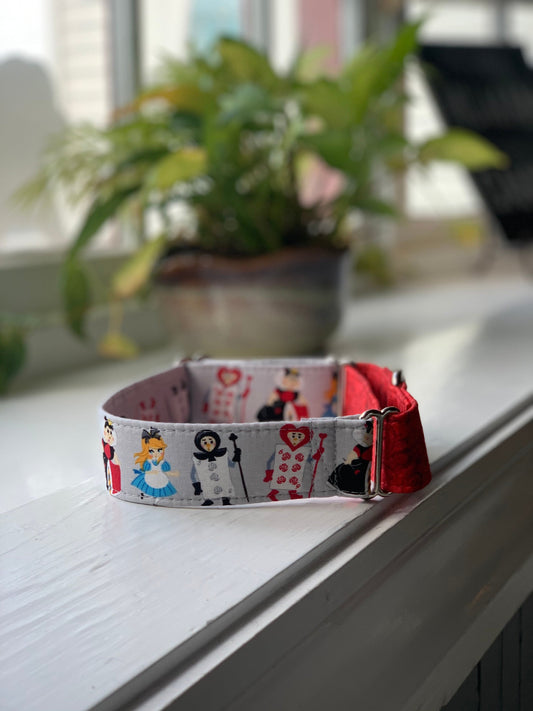 Alice in Wonderland Dog Collar- Martingale- Quick Release- No Buckle Slide- Leash- Handmade Dog Collars