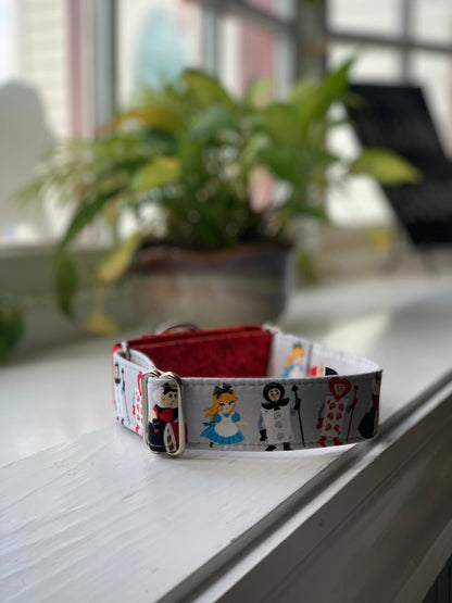 Alice in Wonderland Dog Collar- Martingale- Quick Release- No Buckle Slide- Leash- Handmade Dog Collars