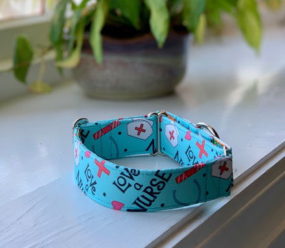 Love A Nurse Dog Collar- Martingale- Quick Release- No Buckle Slide- Leash- Handmade Dog Collars