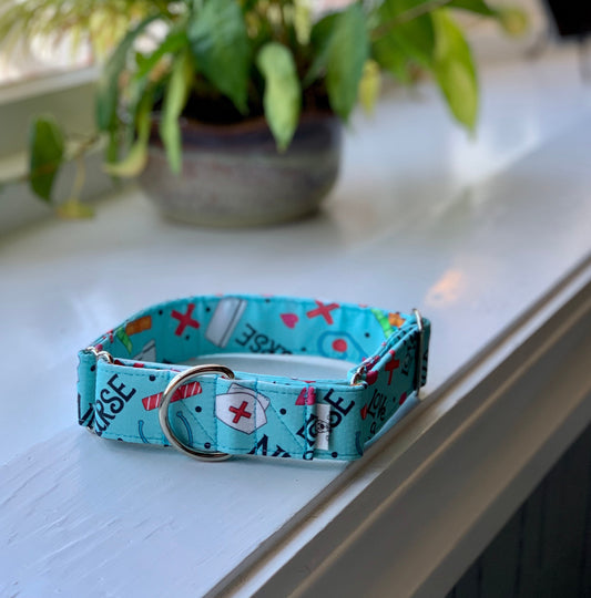 Love A Nurse Dog Collar- Martingale- Quick Release- No Buckle Slide- Leash- Handmade Dog Collars