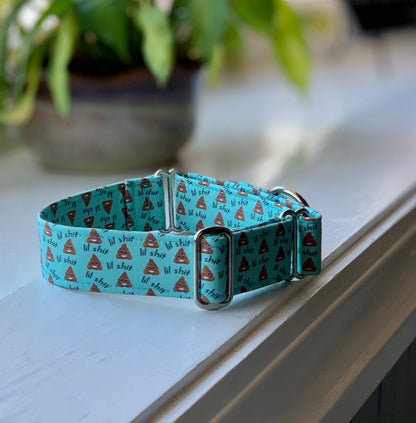 Lil’ Turd- Teal Dog Collar- Martingale- Quick Release- No Buckle Slide- Leash- Handmade Dog Collars