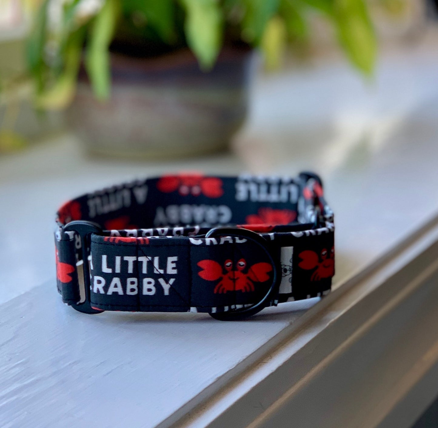 A Little Crabby in Black Dog Collar- Martingale- Quick Release- No Buckle Slide- Leash- Handmade Dog Collars