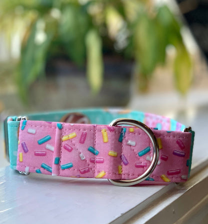 Donuts with sprinkles Dog Collar- Martingale- Quick Release- No Buckle Slide- Leash- Handmade Dog Collars