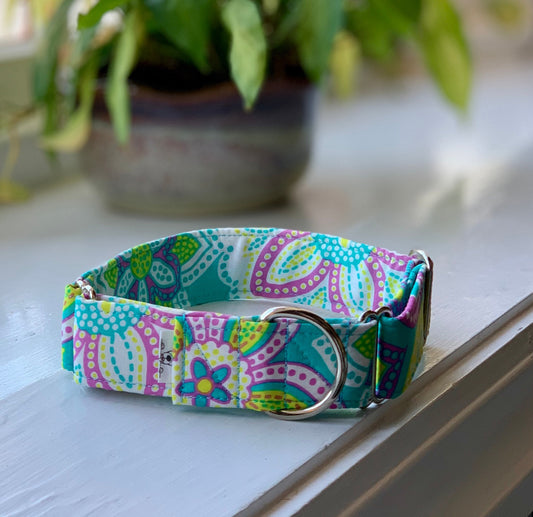 Spring floral in teal and purple Dog Collar- Martingale- Quick Release- No Buckle Slide- Leash- Handmade Dog Collars