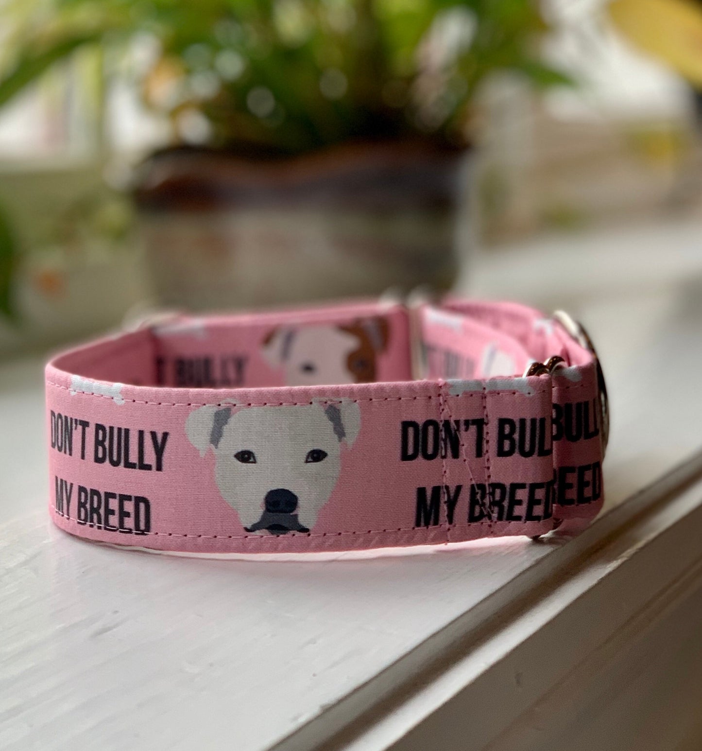 Don’t Bully My Breed-Pink Dog Collar- Martingale- Quick Release- No Buckle Slide- Leash- Handmade Dog Collars