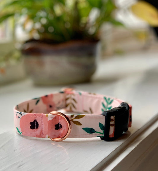 Pink floral Dog Collar- Martingale- Quick Release- No Buckle Slide- Leash- Handmade Dog Collars