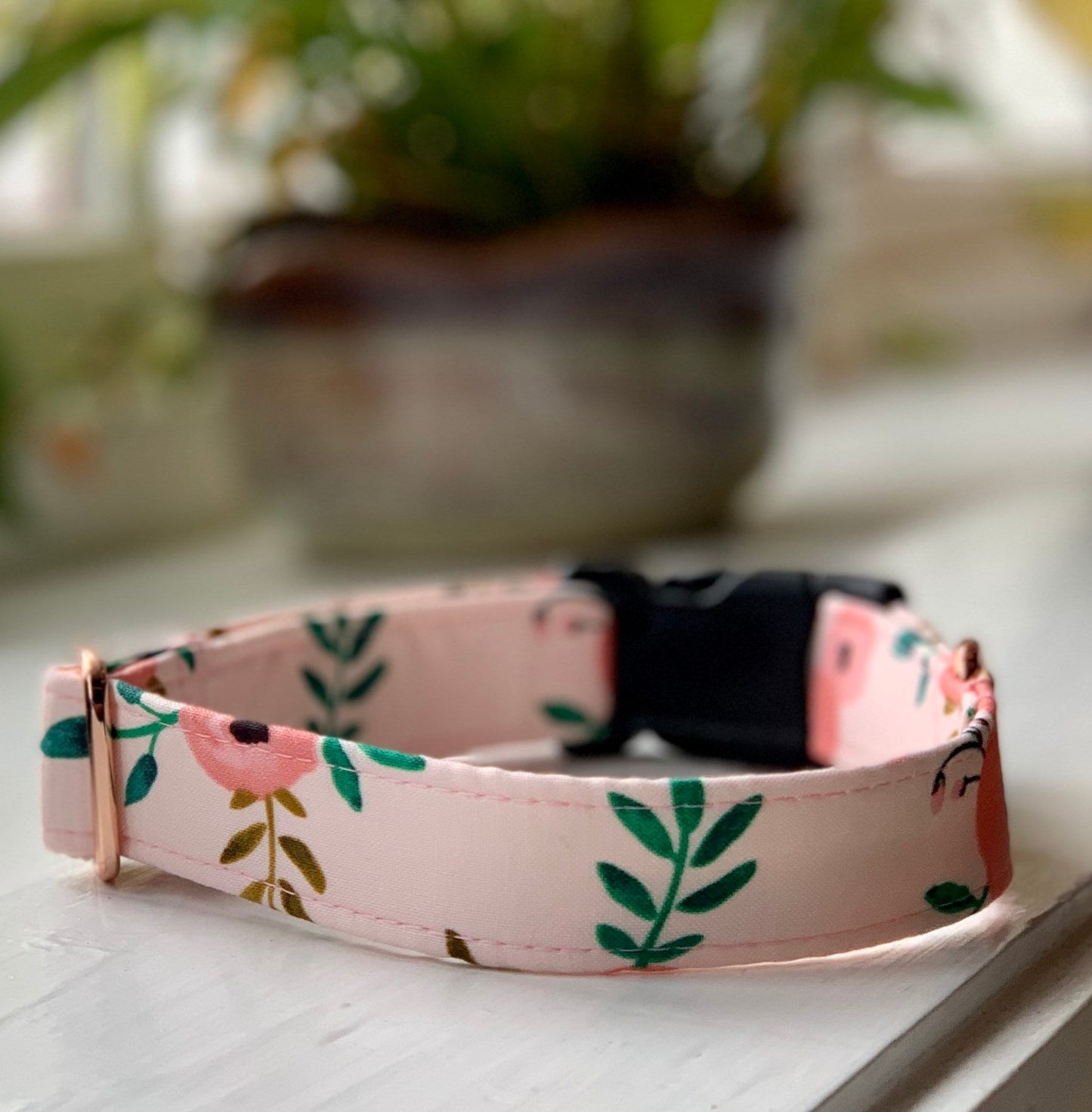 Pink floral Dog Collar- Martingale- Quick Release- No Buckle Slide- Leash- Handmade Dog Collars