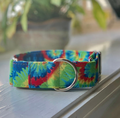 Tie Dye in Primary Colors Dog Collar- Martingale- Quick Release- No Buckle Slide- Leash- Handmade Dog Collars