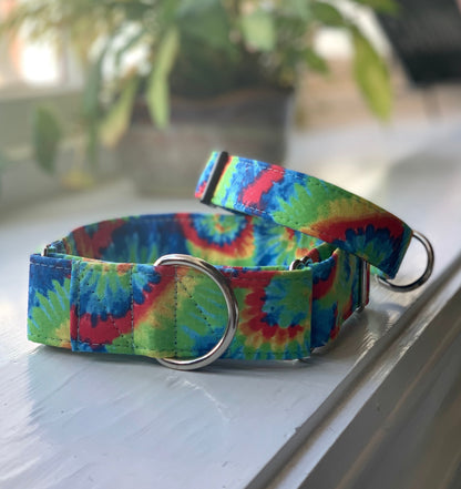 Tie Dye in Primary Colors Dog Collar- Martingale- Quick Release- No Buckle Slide- Leash- Handmade Dog Collars