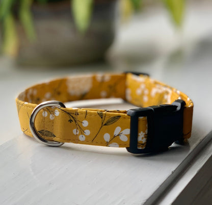 Blooms in Yellow Dog Collar- Martingale- Quick Release- No Buckle Slide- Leash- Handmade Dog Collars