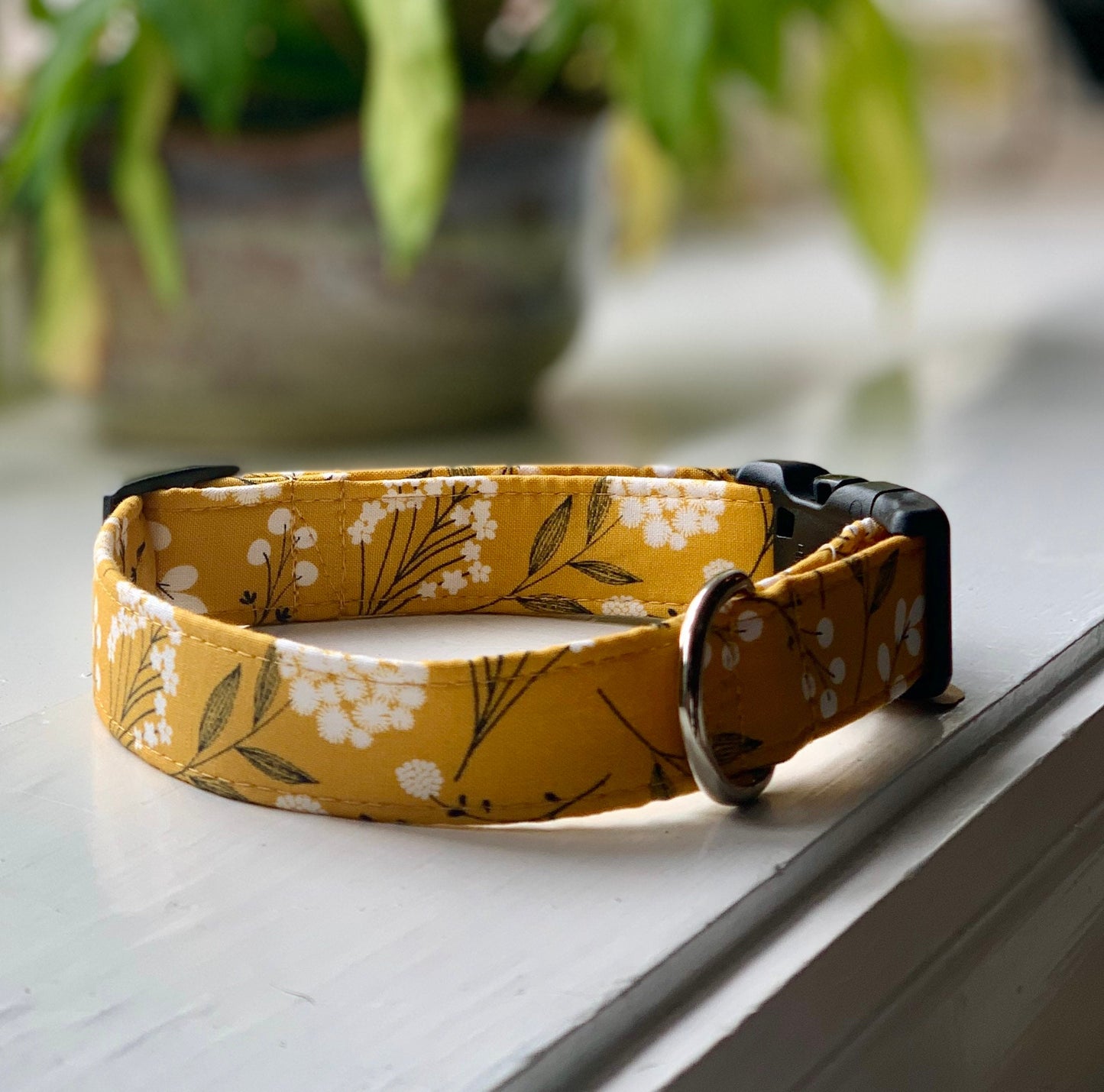 Blooms in Yellow Dog Collar- Martingale- Quick Release- No Buckle Slide- Leash- Handmade Dog Collars