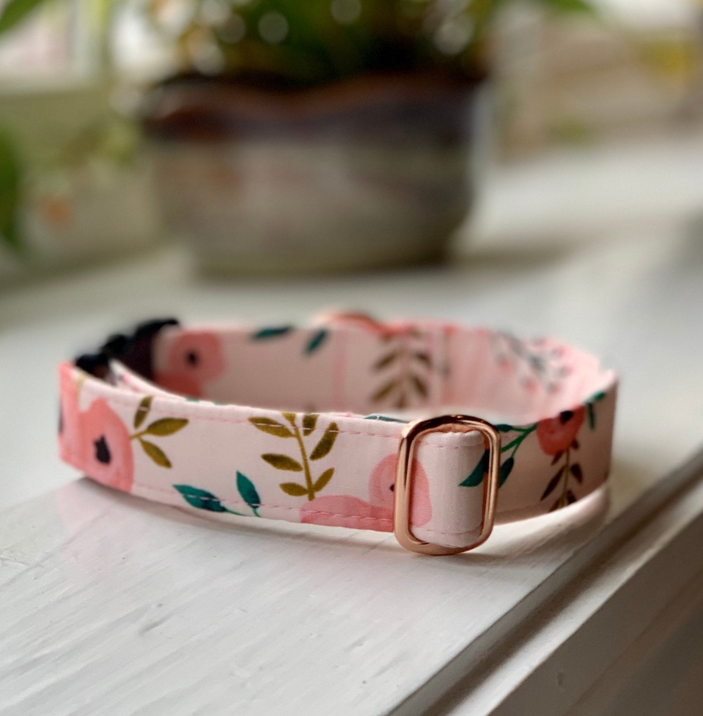 Pink floral Dog Collar- Martingale- Quick Release- No Buckle Slide- Leash- Handmade Dog Collars