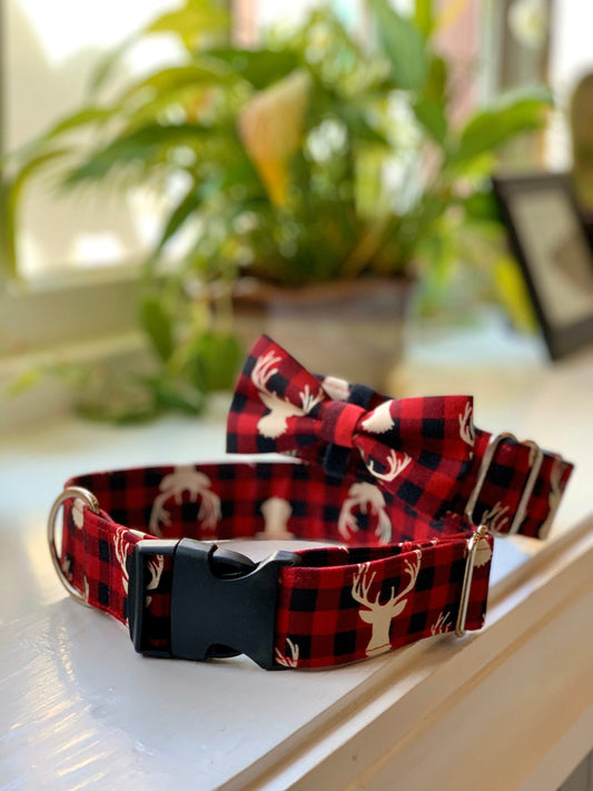 Oh Deer, Buffalo Plaid! Dog Collar- Martingale- Quick Release- No Buckle Slide- Leash- Handmade Dog Collars