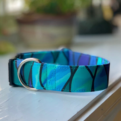 Blue Seaglass Dog Collar- Martingale- Quick Release- No Buckle Slide- Leash- Handmade Dog Collars