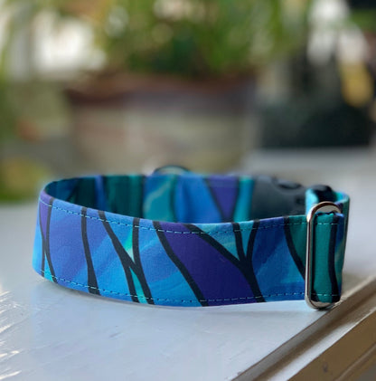 Blue Seaglass Dog Collar- Martingale- Quick Release- No Buckle Slide- Leash- Handmade Dog Collars