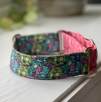 Brains and Zombies Dog Collar- Martingale- Quick Release- No Buckle Slide- Leash- Handmade Dog Collars