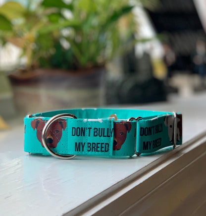 Don’t Bully My Breed-Teal Dog Collar- Martingale- Quick Release- No Buckle Slide- Leash- Handmade Dog Collars