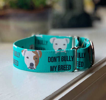 Don’t Bully My Breed-Teal Dog Collar- Martingale- Quick Release- No Buckle Slide- Leash- Handmade Dog Collars