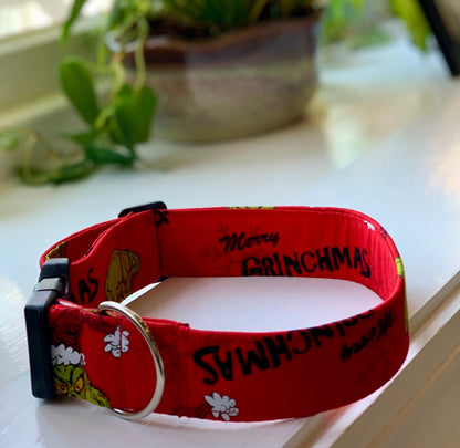 Merry Grinchmas Dog Collar- Martingale- Quick Release- No Buckle Slide- Leash- Handmade Dog Collars