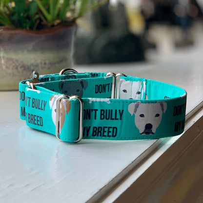 Don’t Bully My Breed-Teal Dog Collar- Martingale- Quick Release- No Buckle Slide- Leash- Handmade Dog Collars