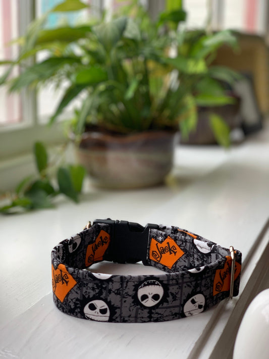 Jack Skeleton Dog Collar- Martingale- Quick Release- No Buckle Slide- Leash- Handmade Dog Collars