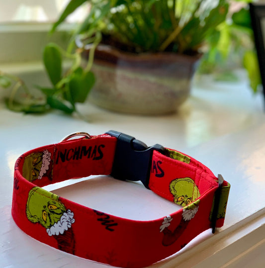 Merry Grinchmas Dog Collar- Martingale- Quick Release- No Buckle Slide- Leash- Handmade Dog Collars