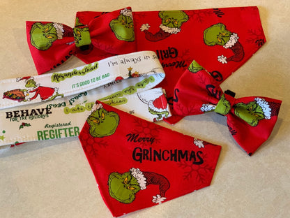 Merry Grinchmas Dog Collar- Martingale- Quick Release- No Buckle Slide- Leash- Handmade Dog Collars